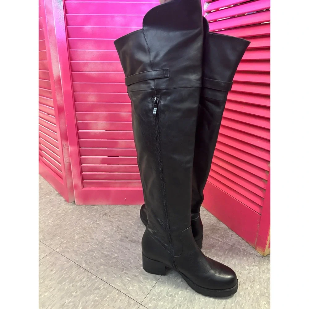 Tata Black Leather Over The Knee Boots Buckle Detail Low Block Heel Tall Boots
